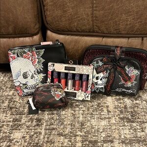 Ed Hardy Black & red Cosmetic Bag Collection, mini purse, lip gloss, & whistler